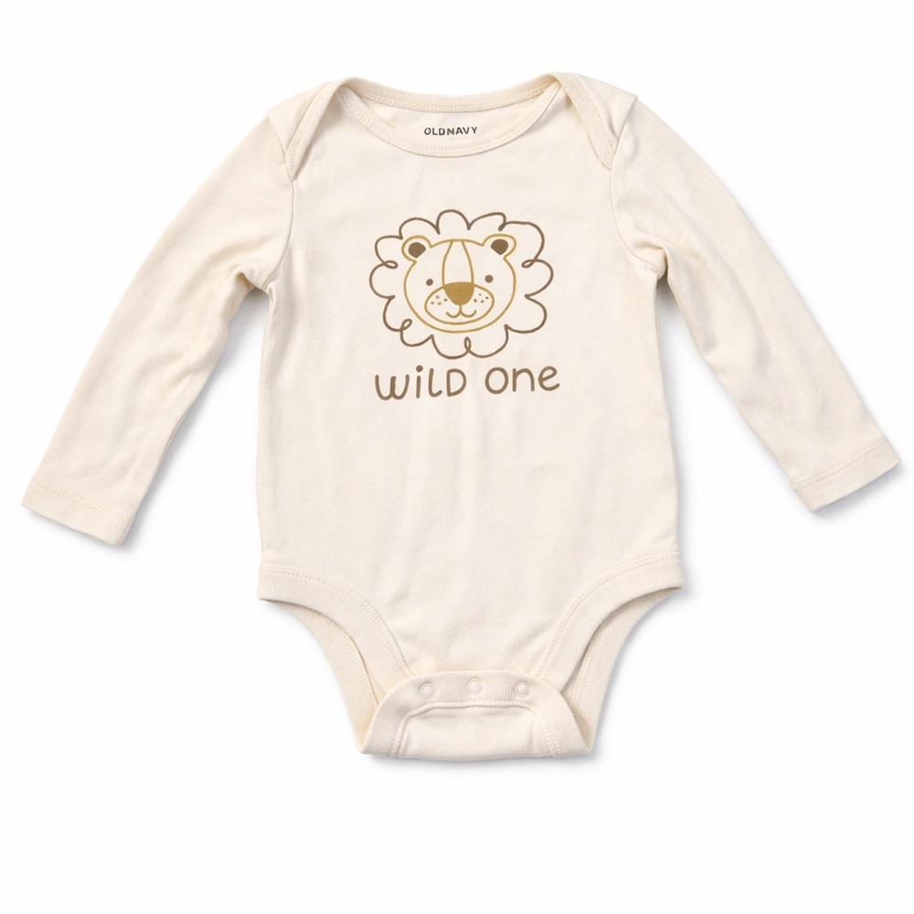 Old Navy Cream Long-Sleeve Baby Bodysuit with Lion Graphic “Wild One”